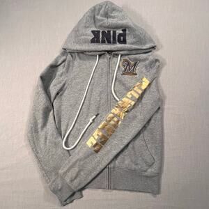 VS Pink MLB Brewers Hoodie Medium Gray Zip Rhinestone Script Milwaukee Rare